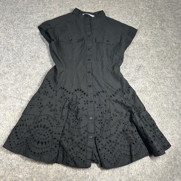 Zara Dress Womens XS Embroidered Eyelet Button Front Black Mini Cotton - Picture 1 of 8